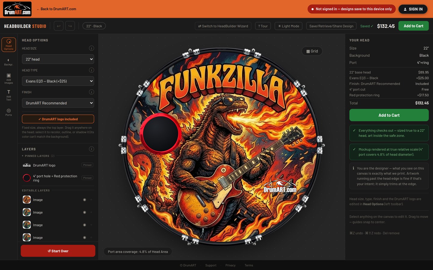 The HeadBuilder Studio with a custom drumhead design on the canvas